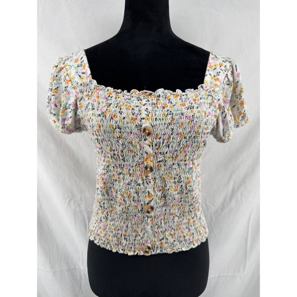 Mudd Tops - Mudd Womens XL White Floral Smocked Top Short Sleeve Faux Button Square Neck
